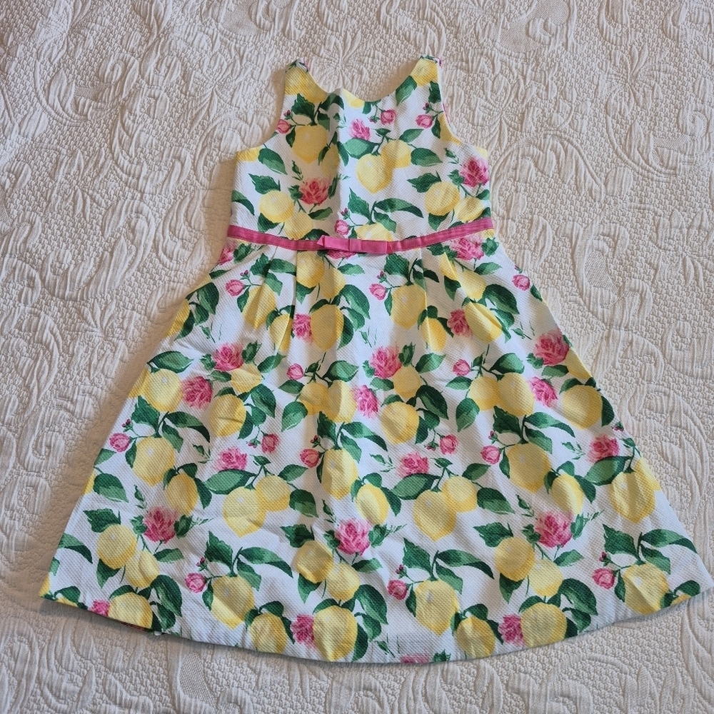 Janie and Jack girls size 5 lemon and floral design sleeveless dress lined EUC